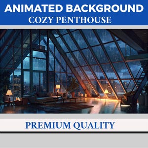 Cozy Penthouse Vtuber Background Animated, Lofi Twitch Streaming Overlay Scene, Blue Rainy House 4k Background, Loop Animation