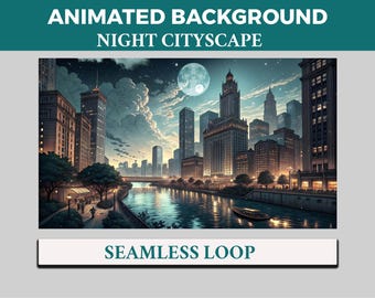 Night Cityscape VTuber Background Animated, City Skyline LoFi Twitch Streaming Overlay Scene, Urban Moonrise 4k Background, Metropolis