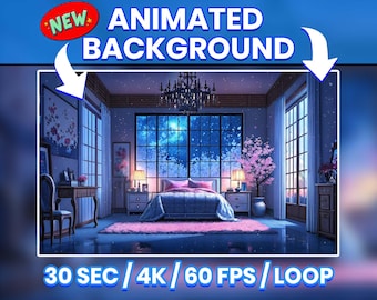 Animowane tło dla Twitch, Night Serene Room, animowane tło Vtuber, nakładka strumienia Cozy Lofi, magiczna nakładka strumienia, 4K HD