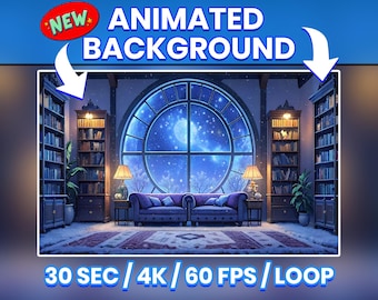 Magical Cozy Library Animated Virtual Background, Twitch Overlay, Looped Vtuber Background, Twitch Streaming Wallpaper