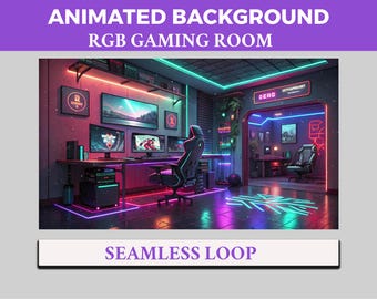 RGB Gaming Room VTuber Background Animated, Futuristic Neon LoFi Twitch Streaming Overlay Scene, Neon Gaming Realm 4k Background