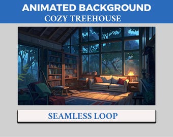 Fundo animado aconchegante de casa na árvore Vtuber, cena de sobreposição de streaming Lofi Twitch, fundo 4K com tema de floresta, animação em loop de floresta