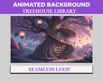 Tree Plant Library VTuber Background Animated, LoFi Twitch Streaming Overlay Scene, Purple Book 4k Background, Loop Animation Library