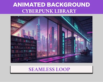 Cyberpunk Library Vtuber Background Animated, Lofi Twitch Streaming Overlay Scene, Purple Book 4k Background, Loop Animation Library