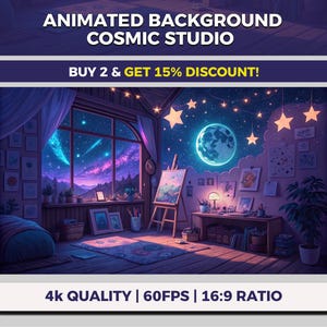 Mystic Cosmic Studio VTuber Background Animated, Starry Night Twitch Streaming Overlay, Moonlit Observation, Painter's Heaven Artist Retreat