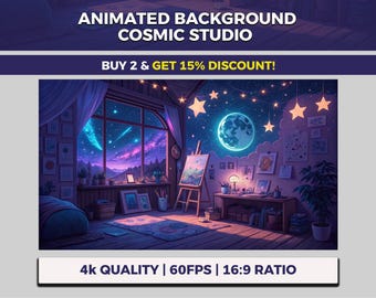 Mystic Cosmic Studio VTuber Background Animated, Starry Night Twitch Streaming Overlay, Moonlit Observation, Painter's Heaven Artist Retreat