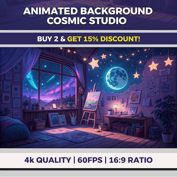 Mystic Cosmic Studio VTuber Background Animated, Starry Night Twitch Streaming Overlay, Moonlit Observation, Painter's Heaven Artist Retreat