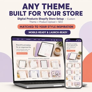 Op de afbeelding: Een laptop en een smartphone met een Shopify-winkel voor digitale producten. Het scherm toont een website getiteld Beautiful printables for an organized life, met categorieën zoals weekplanners, kalenders en gewoonte-trackers.