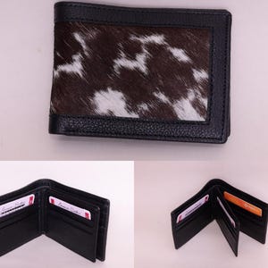 Carteira dobrável em couro legítimo – Couro com pelo | Carteira masculina feita à mão em couro bovino com compartimentos para cartões e janela para identificação