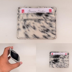 Zwart-witte hair-On rundleren kaarthouder | Handgemaakte minimalistische portemonnee | Dunne uniseks creditcardhouder | Rustiek cadeau voor hem/haar