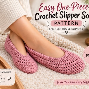 May include: A pair of pink crochet slipper socks with a one-piece design. The image includes text: Easy One-Piece Crochet Slipper Socks PATTERN, Beginner House Slippers, PDF PATTERN, and sizing information for small, medium, and large sizes.