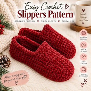 Peut inclure: Une paire de chaussons au crochet rouge foncé avec un motif de points texturé. L'image contient le texte Easy Crochet Slippers Pattern, Beginner Friendly, Quick & Cozy, Digital PDF, et Make a cozy pair for you or as a gift, avec des cœurs.