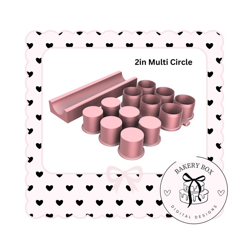 May include: A set of 2-inch round cake decorating tools in pink plastic. The set includes a variety of sizes and shapes, including circles, squares, and rectangles. The tools are arranged in a row on a white background. The text "2in Multi Circle" is visible in the image.