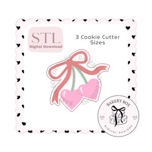 Puede incluir: Archivo STL de descarga digital para un cortador de galletas con forma de dos cerezas con un lazo. El diseño es rosa y rojo sobre un fondo blanco. El texto "STL Descarga digital" y "3 tamaños de cortadores de galletas" está incluido en la imagen.