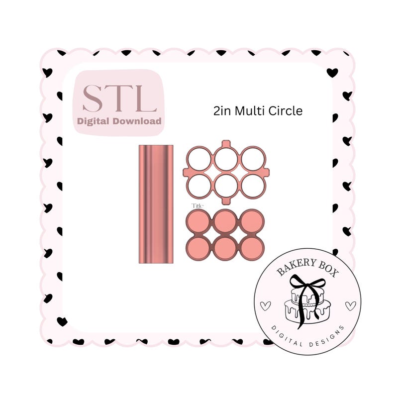 May include: A digital download STL file for a 2-inch multi-circle bakery box. The design features a pink and white color scheme with a heart border. The file is for personal use only. Bakery Box Digital Designs.