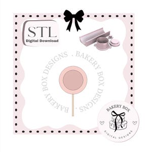 May include: A digital download STL file for a lollipop-shaped mold and cutter set. The design includes a circular mold, a stick-shaped cutter, and a cylindrical component. The graphic features the text STL Digital Download and Bakery Box Designs.