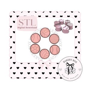 May include: Digital download of sports-themed cookie cutters. The set includes cutters shaped like a baseball, basketball, soccer ball, volleyball, and other sports balls. The image also includes the text "STL Digital Download" and "Bakery Box Digital Designs."