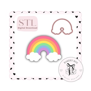 Może przedstawiać: Cyfrowy plik STL do pobrania dla wykrawaczki do ciasteczek w kształcie tęczy z chmurami. Obraz pokazuje również oddzielny plik STL dla wykrawaczki do ciasteczek w kształcie pączka. Obraz zawiera tekst "STL Pobierz cyfrowo" i "Bakery Box Projekty cyfrowe".