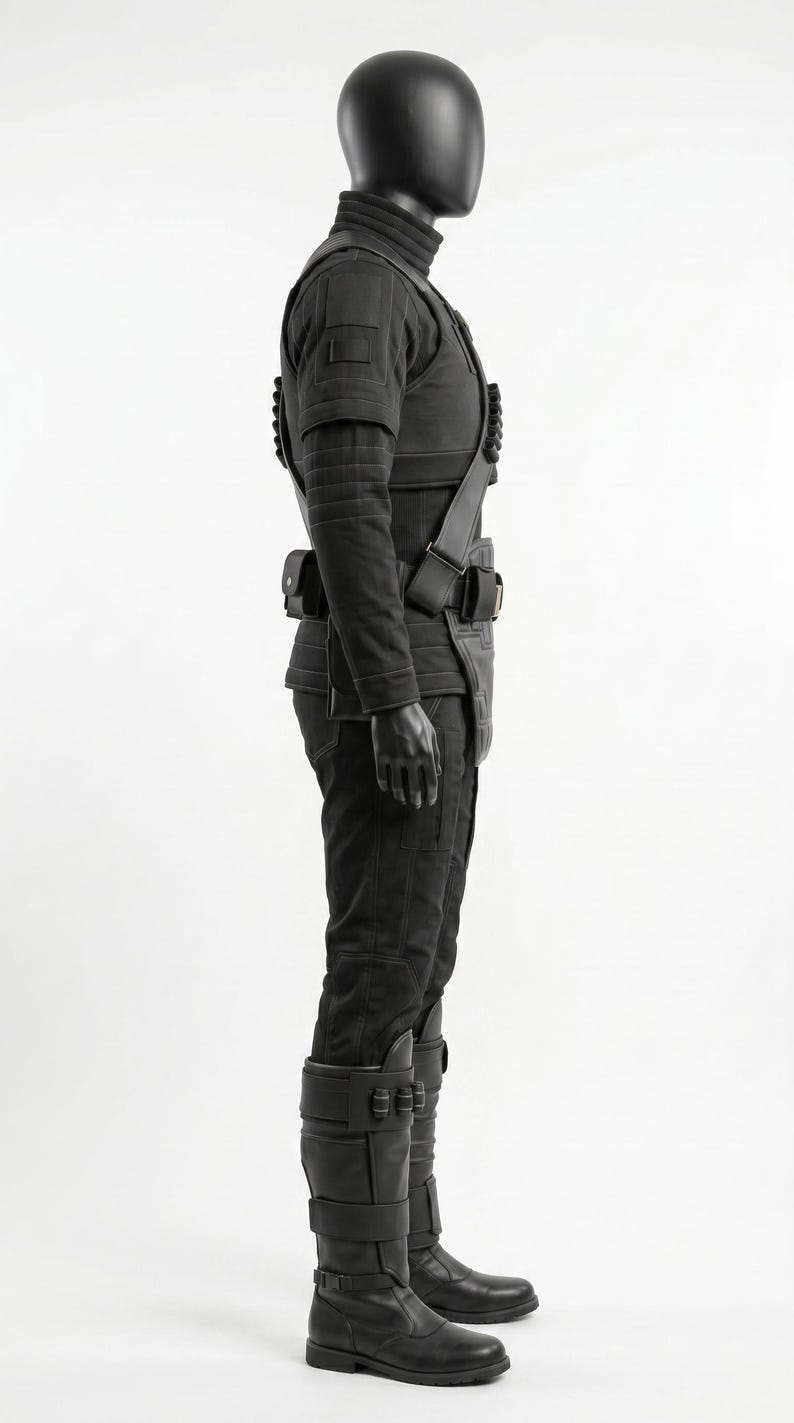 May include: A black tactical costume displayed on a mannequin, featuring a high-neck long-sleeve top with ribbed detailing, matching trousers, a utility belt with pouches, a shoulder strap with cylindrical attachments, and tall buckled boots.