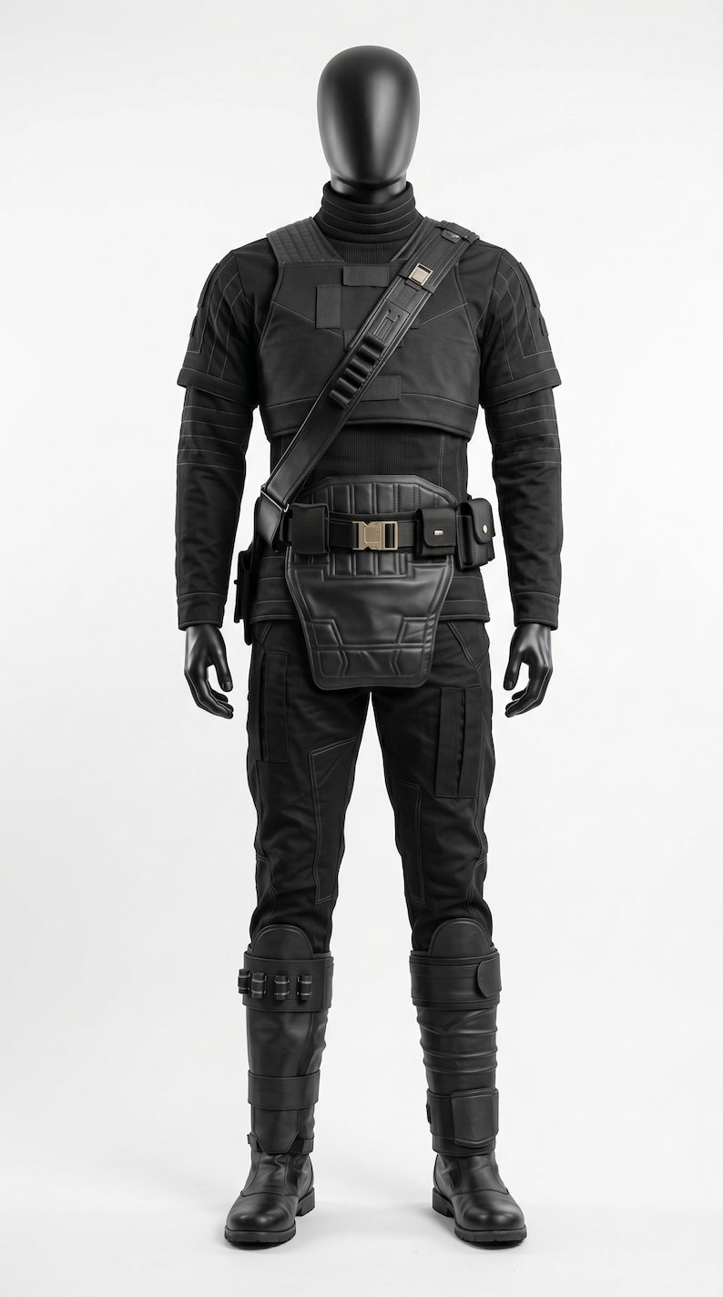 May include: A black tactical costume set featuring a long-sleeved shirt, trousers, a chest plate, a utility belt with pouches, and knee-high boots. The ensemble includes a shoulder strap, structured panels, and reinforced leg guards in a uniform black.