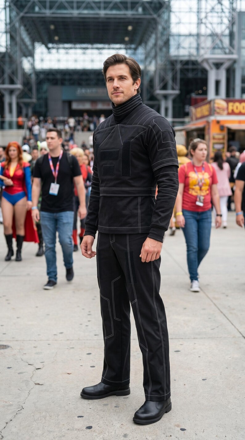 May include: A black long-sleeved mock neck shirt and matching black trousers featuring white contrast stitching in geometric patterns. The shirt has a high collar and a structured design, while the trousers are straight-legged and black.