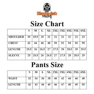 May include: A white size chart for Bladewish Props featuring two tables. The top table lists shoulder, chest, length, and sleeve measurements in inches for sizes S through 6XL. The bottom table lists waist and length measurements for pants.