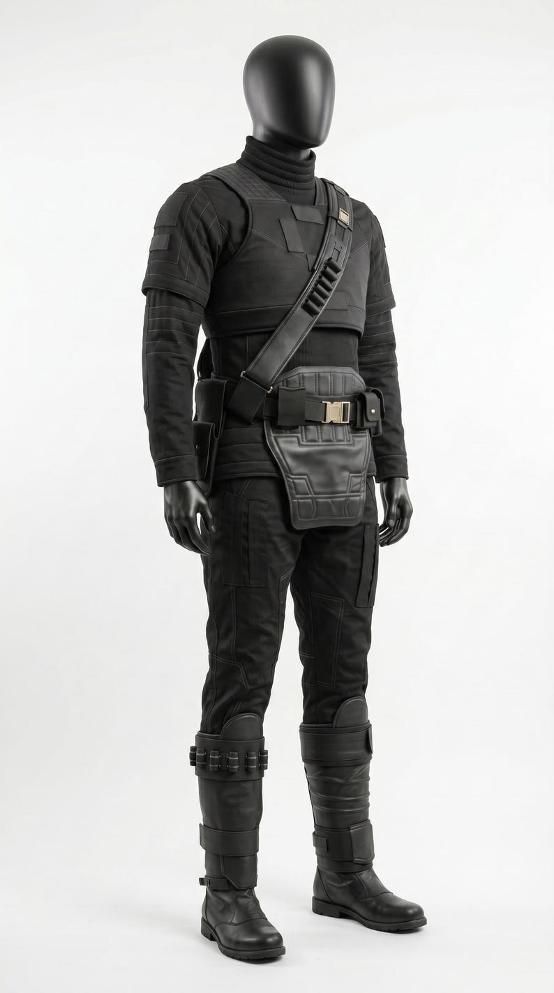 May include: A black tactical costume set on a mannequin, featuring a high-neck long-sleeve shirt, structured chest armor, a utility belt with a front panel, and matching trousers. The outfit includes tall black boots with straps and leg guards.