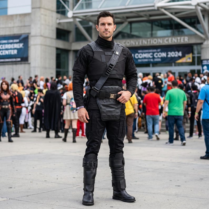 Mandalorian dark gray flight suit cosplay featuring a 5-piece bounty hunter outfit with matching vest and tactical design inspired by Star Wars armor builds. This Mandalorian costume is perfect for cosplay conventions, Comic Con, Halloween events, fan expos, and photography. The flight suit includes a comfortable fit, detailed stitching, and screen-inspired styling ideal for Din Djarin cosplay, bounty hunter costumes, Mandalorian outfits, and custom sci-fi costume builds.