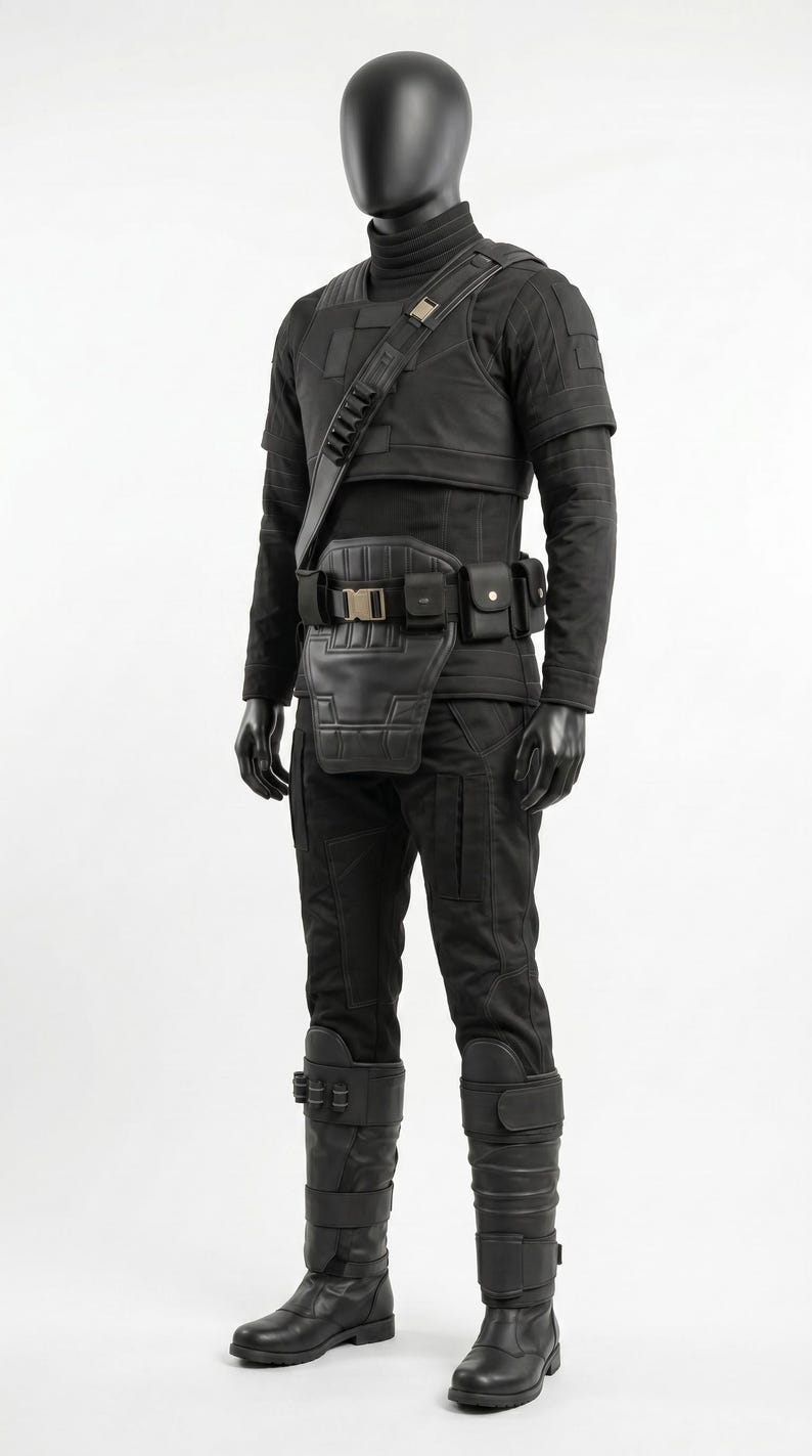 May include: A black tactical outfit displayed on a mannequin, featuring a high-neck shirt, structured vest, utility belt with multiple pouches, and a diagonal shoulder strap. The ensemble includes matching black trousers and tall, reinforced boots.