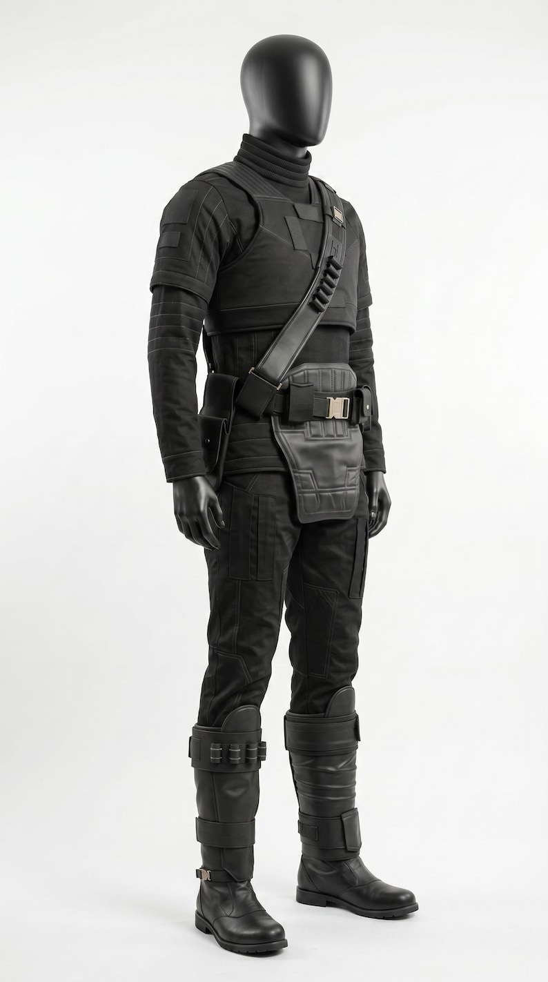 May include: A black tactical costume set worn on a mannequin, featuring a high-neck long-sleeve shirt, structured chest armor, a utility belt with a drop-down panel, and knee-high boots with integrated straps and decorative metallic hardware accents.
