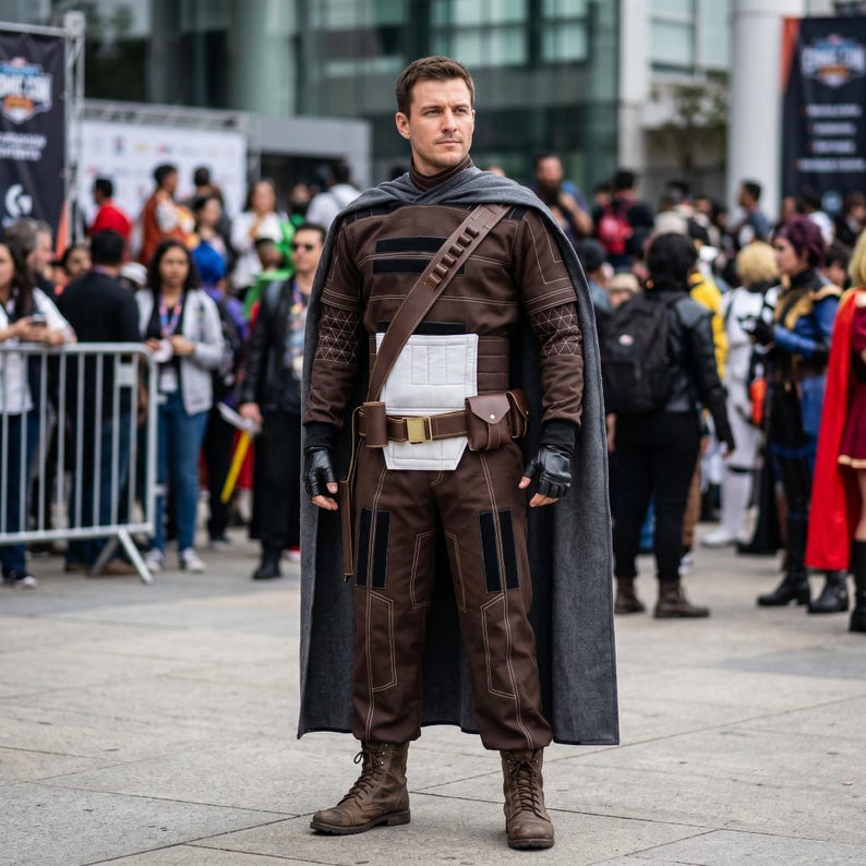 May include: A brown long-sleeved shirt and matching pants with black rectangular accents, a white waist panel, a dark gray cape, a brown utility belt with a gold buckle, a small brown pouch, and brown lace-up boots worn as a costume.