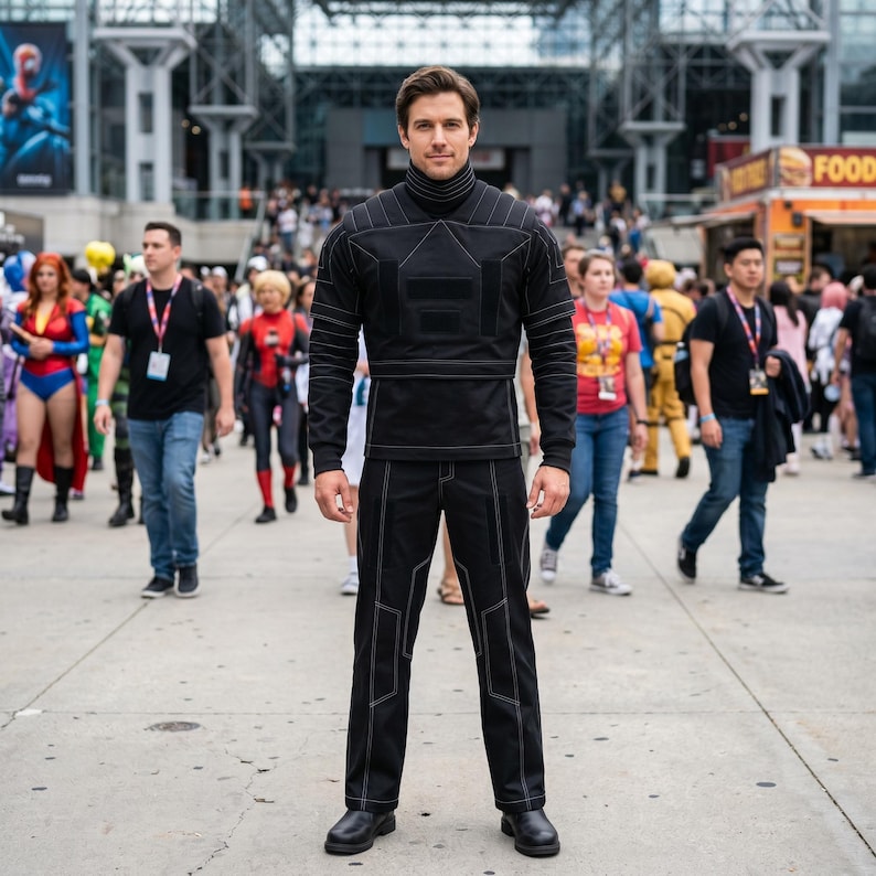 May include: A black long-sleeve shirt with a high mock neck and matching black trousers, both featuring prominent white contrast stitching. The shirt has a structured, paneled design across the chest and shoulders, paired with straight-leg trousers.