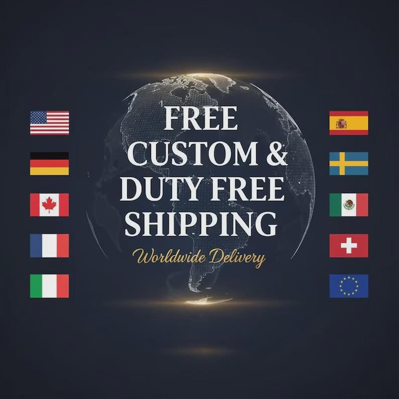 May include: A dark background featuring a glowing, dotted globe graphic. Centered text reads FREE CUSTOM & DUTY FREE SHIPPING and Worldwide Delivery. Ten national and regional flags are arranged in two vertical columns on the left and right sides.