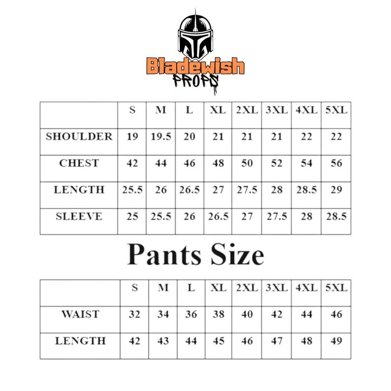 May include: A size chart for clothing labeled Bladewish Props, featuring a helmet icon. The table lists measurements in inches for shirts from sizes S to 5XL, including shoulder, chest, length, and sleeve, plus a separate table for pants waist and length.