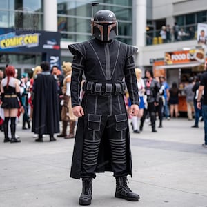 Schwarzer Mandalorianer-Fliegeranzug, 5-teilig | Star Wars Kopfgeldjäger-Cosplay-Kostüm mit Weste und Gürtel
