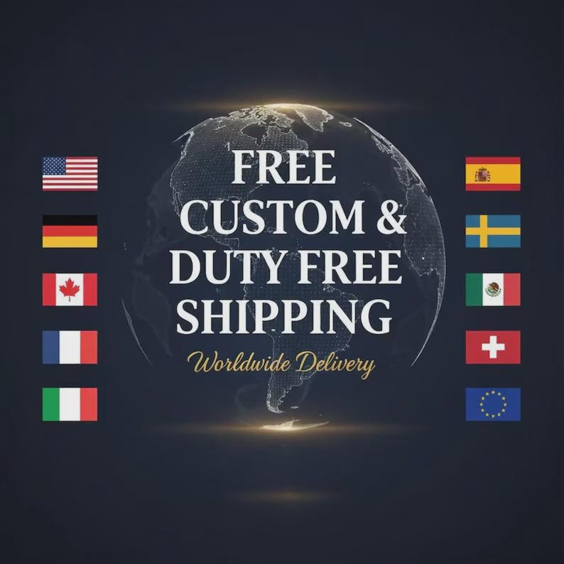 May include: A dark background featuring a glowing, dotted globe graphic. Centered text reads FREE CUSTOM & DUTY FREE SHIPPING and Worldwide Delivery. Ten national and regional flags are arranged in two vertical columns on the left and right sides.