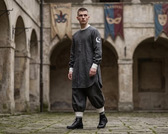 Zestaw kostiumów Pierrota, minimalistyczna tunika księżycowa, spodnie balonowe i kapelusz w kształcie stożka, lniano-bawełniany kostium sceniczny do teatru i pantomimy