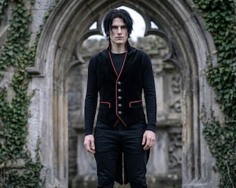 Vampire Waistcoat, Men’s Gothic Velvet Tailcoat Vest, Red Satin Lining, Antique Buttons, Custom Rose Embroidery Costume