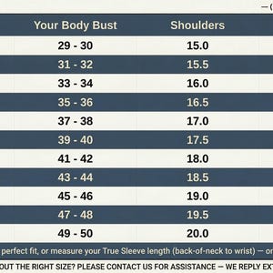 K&ouml;nnte beinhalten: Eine Gr&ouml;&szlig;entabelle f&uuml;r Damen mit Ma&szlig;en in Zoll f&uuml;r Brust, Schultern und &Auml;rmel. Die Gr&ouml;&szlig;en reichen von XXS bis 6XL, mit entsprechenden Ma&szlig;en. Die Tabelle enth&auml;lt Informationen zur individuellen Gr&ouml;&szlig;enanpassung.