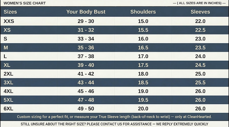 K&ouml;nnte beinhalten: Eine Gr&ouml;&szlig;entabelle f&uuml;r Damen mit Ma&szlig;en in Zoll f&uuml;r Brust, Schultern und &Auml;rmel. Die Gr&ouml;&szlig;en reichen von XXS bis 6XL, mit entsprechenden Ma&szlig;en. Die Tabelle enth&auml;lt Informationen zur individuellen Gr&ouml;&szlig;enanpassung.