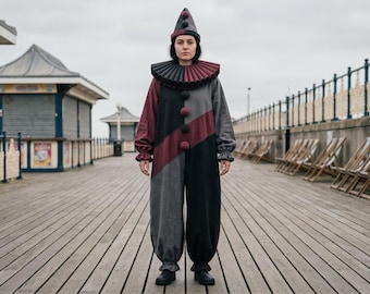 Strój klauna Pierrota dla dorosłych, bordowo-szary kombinezon gotycki z falbaniastym kołnierzem i kapeluszem, unisexowy ciemny kostium clowncore na Halloween