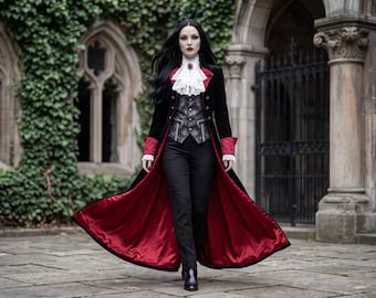 May include: A long black velvet coat with a vibrant red satin lining, worn over a grey patterned waistcoat and black trousers. The ensemble includes a white lace jabot with a dark central brooch, high collar, and red cuffs on the sleeves.