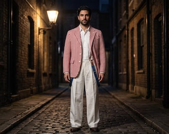 Strój kwartetu barbershopowego, czerwona marynarka w paski, męski garnitur z lat 20. XX wieku, spodnie z wysokim stanem, strój imprezowy w stylu Gatsby'ego, artysta wodewilowy