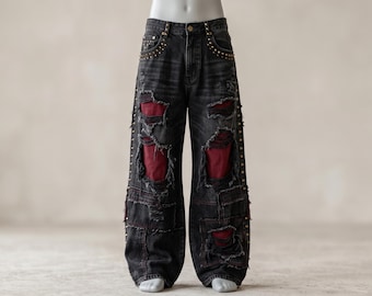 Black Oxblood Gothic Baggy Jeans Unisex, Studded Wide Leg Denim Pants, Distressed Punk Patchwork Trousers, Embroidered Alt Streetwear Outfit
