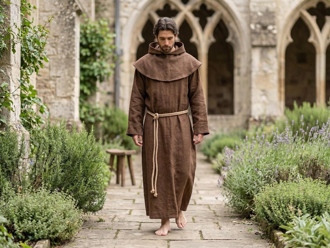 Brown Monk Robe Hooded Full Length, Medieval Monk Costume With Rope ...