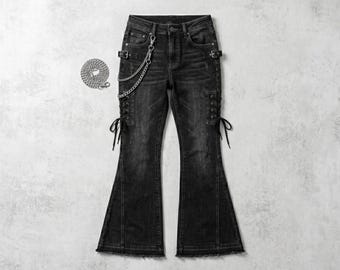 Gothic Flare Jeans Women, Y2K Black Bell Bottom Denim Pants, Punk Chain Alt Fashion Concert Outfit