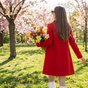 May include: A person in a red coat holds a bouquet of colorful flowers in a park with blooming trees. The flowers include tulips, daffodils, and other spring blooms. The person is wearing white boots.