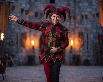 Jester Costume Men, Red Black Harlequin Outfit, Gold Embroidery, Renaissance Faire Medieval Cosplay, Halloween Carnival Custom Made