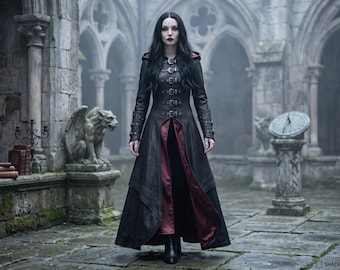 Gothic-Ledermantel mit Kapuze, Vampir-Staubmantel, Dark-Fantasy-Hexen-Cosplay-Trenchcoat, oxbloodfarbener, satinierter LARP-Umhang