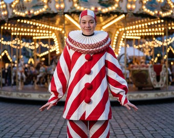 Pierrot Costume Adult, Candy Cane Clown Suit, Red White Striped, Christmas Party Outfit, Ruff Collar, Skullcap, Clowncore, Unisex Plus Size